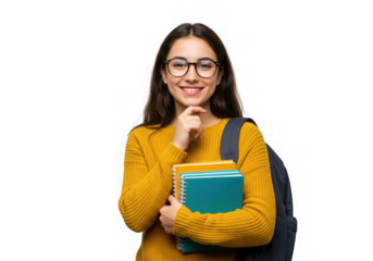 Smiling student with books and backpack against dark space on transparent background