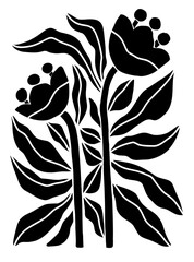 Vector flat Illustration inspired by Henri Matisses cut out style, poster of abstract flowers and leaves in black and white colors, hand drawn and arranged on a white background.