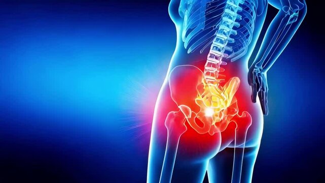Woman feeling sacroiliac joint pain, medical scan visualization