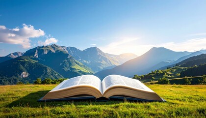 Open book on grass with mountain view.