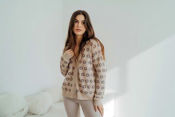 Woman in a beige floral cardigan poses against a white background