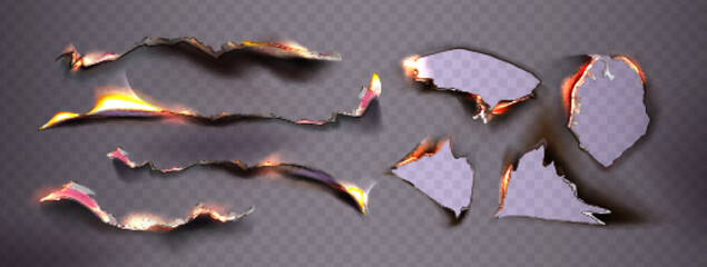 Burning paper flame frame set with glowing orange fire edges, charred holes and smoldering tears on transparent background for realistic burnt effect, destruction design or hot danger warning graphic