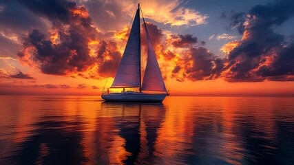 Silhouette of a sailboat against the backdrop of the sky and sunset over the sea
