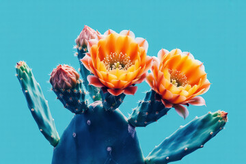 Cactus Radiance Orange Blossoms on Blue (1)