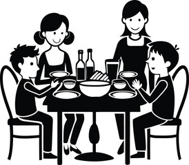 Family Eating Dinner at Table Black Vector Illustration