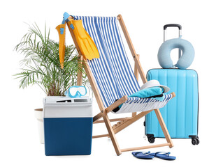 Suitcase, striped deck chair, refrigerator and beach accessories isolated on white background
