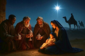 Three Wise Men bringing gifts to newborn Jesus with Star of Bethlehem and camels in background