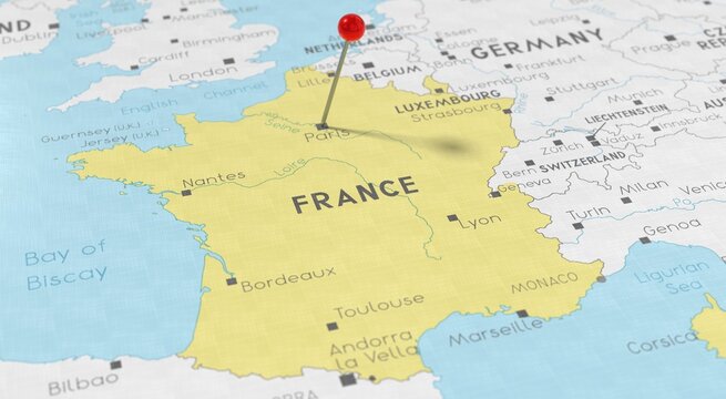 France, Paris - push pin on political map - 3D illustration