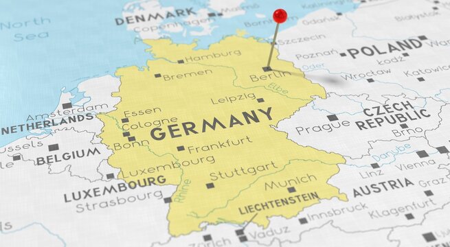 Germany, Berlin - push pin on political map - 3D illustration