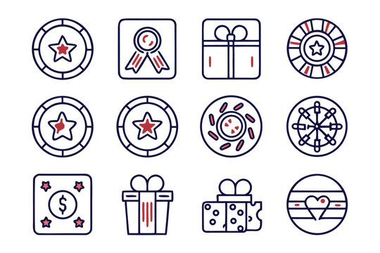 Collection of twelve distinct graphical elements representing bonuses benefits offers and rewards with customizable outlines and vibrant color schemes
