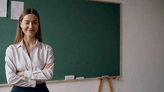 Female teacher standing confidently, arms crossed, smiling in empty classroom near blackboard, embodying professional readiness for new academic year with engaging demeanor