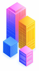 Fototapeta premium Colorful isometric city buildings illustration; ideal for urban development presentations