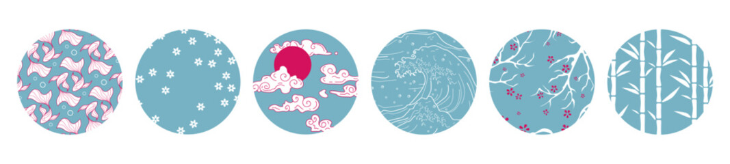 Japanese circle patterns collection - sakura flowers, red sun with clouds, ocean waves, cherry blossoms on branches, bamboo forest and tiny blooms. Traditional blue designs for asian themed projects.