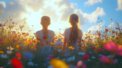 Ultra HD Back view of two smiling girls passing golden times in a field of blooms video two joyful girls standing in a flower garden video girls enjoying the flower field video