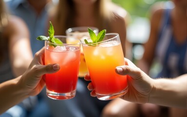 Diverse hands toasting with refreshing summer cocktails outdoors. High quality