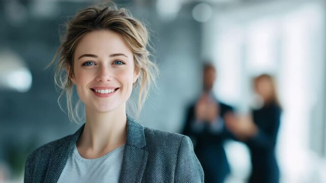 Smiling Businesswoman with Short Hair in Bright Office with Team in Background
