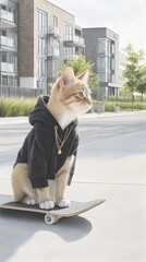 Urban Cat on a Skateboard – Whimsical Street Style Portrait Featuring a Hoodie-Wearing Feline and Gold Pendant in Modern City Vibes