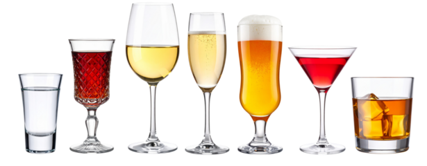 Set of alcoholic drinks in transparent background showing variety and choice