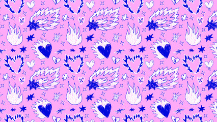 Punk scribble doodle pattern with chaotic hand-drawn elements and raw textures