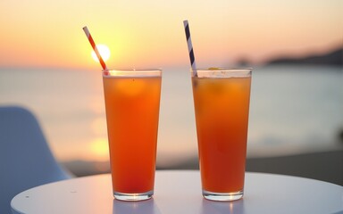 Two orange drinks with straws on white table by water, sunset casting warm glow over the horizon. High quality
