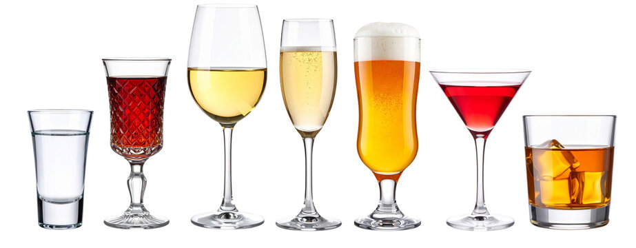 Set of alcoholic drinks in transparent background showing variety and choice