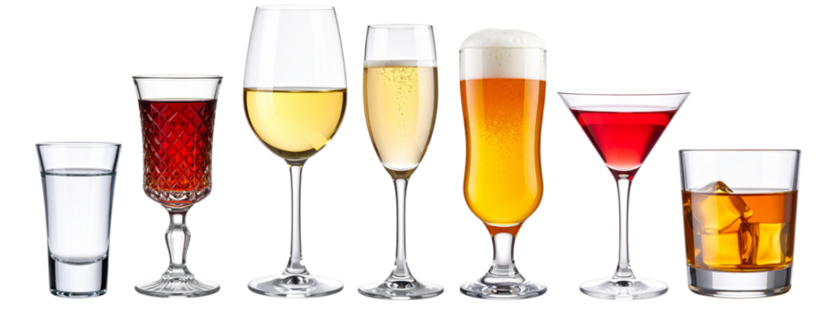 Set of alcoholic drinks in transparent background showing variety and choice