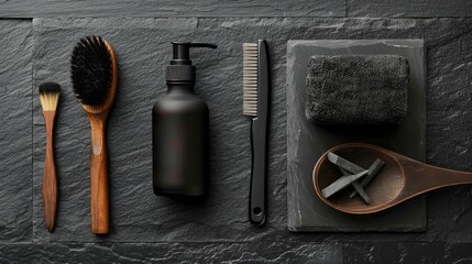 Minimalist Grooming Still Life: Dark Tones and Natural Textures Accentuate a Sophisticated and Modern Aesthetic for Men's Self Care.