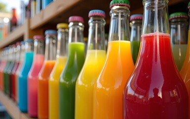 Colorful assortment of bottled beverages displayed at market. High quality
