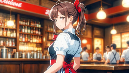 Cute anime girl in uniform – Retro izakaya background and warm smile