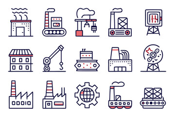 Collection of clean industrial factory building symbols and architectural elements for modern design projects showcasing manufacturing structures