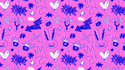 Punk scribble doodle pattern with chaotic hand-drawn elements and raw textures