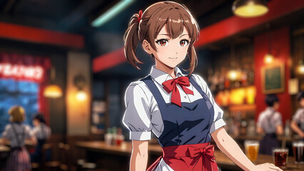 Cute anime girl in uniform – Retro izakaya background and warm smile