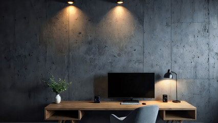 Modern office interior with simple black wall and minimal furnishings. Warm afternoon sunlight coming through windows. A 3D rendered design concept