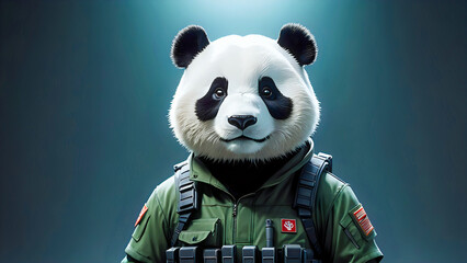 3D panda soldier – Cute tactical mascot character in abstract spotlight scene