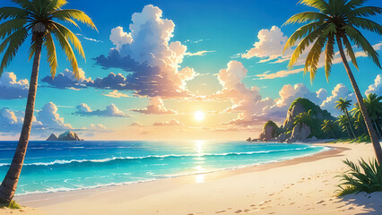 Anime beach sunset – Tranquil tropical shoreline with palm trees and glowing sky