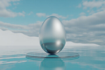 Ethereal Balance A Glass Egg Suspended Above Still Waters (1)
