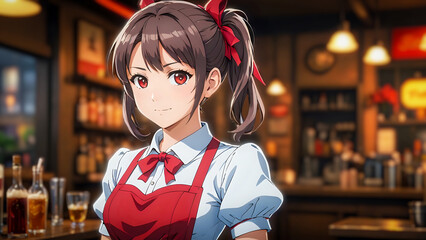 Cute anime girl in uniform – Retro izakaya background and warm smile