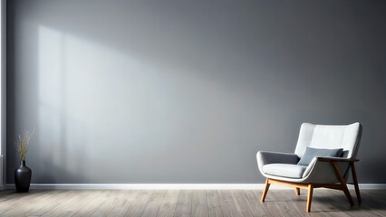 Simple room with minimal interior and gray wall. Warm afternoon sunlight coming through windows. A 3D rendered design concept.
