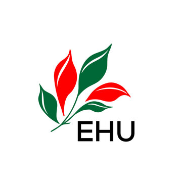 EHU Abstract Botanical Logo with Elegant Typography, EHU Later Logo, Modern Nature Inspired Logo with Red and Green Leaves.
