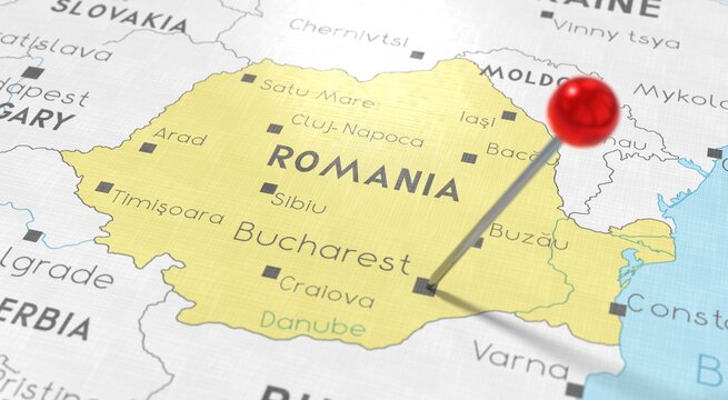 Romania, Bucharest - push pin on political map - 3D illustration