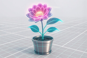 depicts a 3D-rendered flower in a pot, with neon lines and grid patterns in the background, giving it a futuristic and digital appearance.