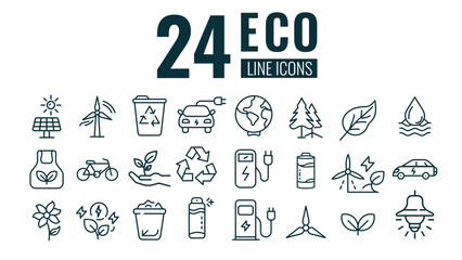 Set of 24 eco icons in minimal line style representing sustainability