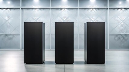 Three minimalist black pedestals stand in a modern gallery space with a decorative frosted glass wall