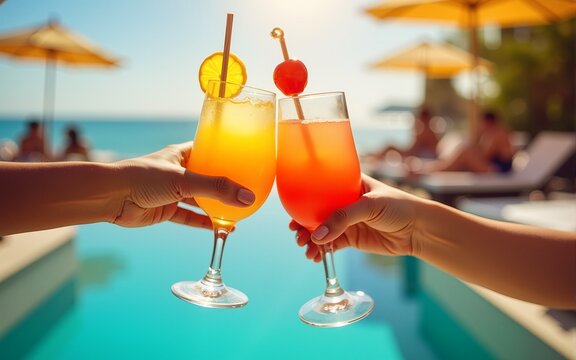 A photo of a close-up of hands toasting with summer cocktails at a poolside party/ beach, with a sunlit, refreshing background. High quality - Powered by Adobe