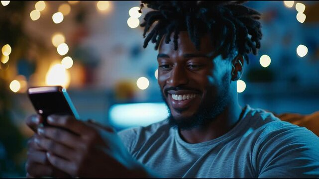 Young man smiles while using smartphone in cozy room with warm lighting and decorative elements at night