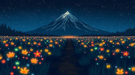 A pixel art scene of a field of colorful glowing flowers at the base of a big mountain. A narrow, dark dirt path winds through the middle of the field, creating a lonely walkway through the light. 
