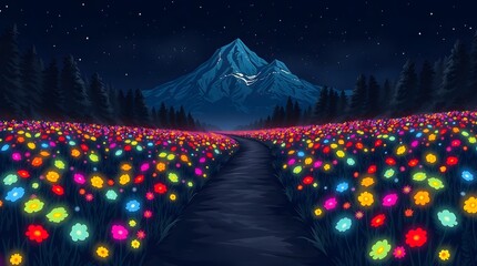 A pixel art scene of a field of colorful glowing flowers at the base of a big mountain. A narrow, dark dirt path winds through the middle of the field, creating a lonely walkway through the light. 