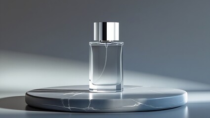 Clear perfume bottle with silver cap on a round marble platform in a soft gray studio setting