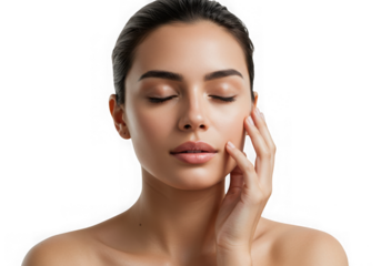 Portrait of a woman with closed eyes touching her face gently on transparent background