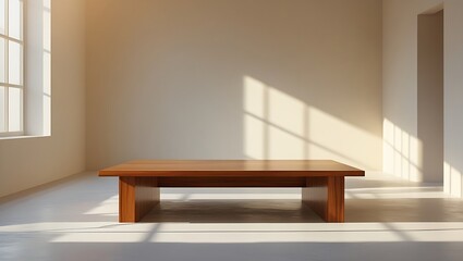 Fototapeta premium A wooden table sits in a bright room with sunlight streaming through the window casting shadows on the floor